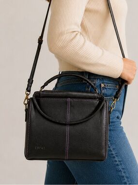 Vintage Esprit Black Top Handle Crossbody Purse with Purple Contrast Stitching